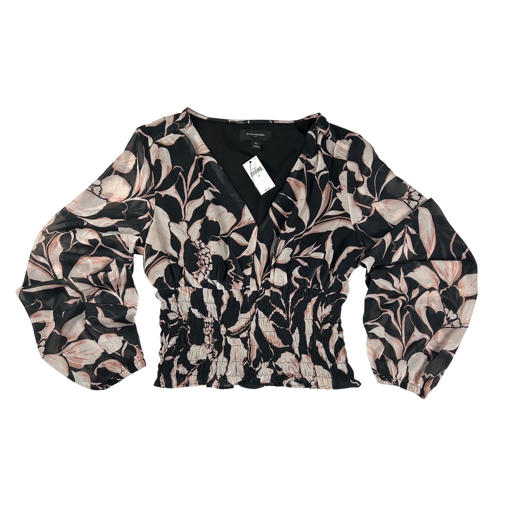 Banana Republic Pink Floral Smocked V-Neck‎ Blouse Black Chiffon XS